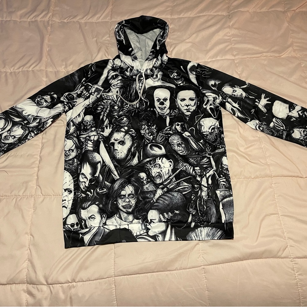 All the scary movie actors/characters on a hoodie in black and white